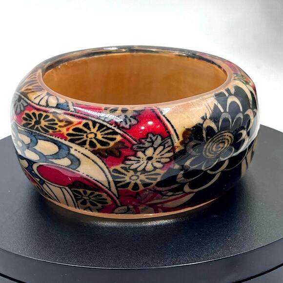 Vintage Lucite Paisley Wide Black Red Retro Floral Chunky Smooth Bangle Bracelet - Picture 1 of 8